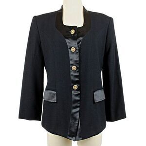 Evening Jacket Vintage Satin Trim Flap Pockets Rhinestone Buttons Black Size 8